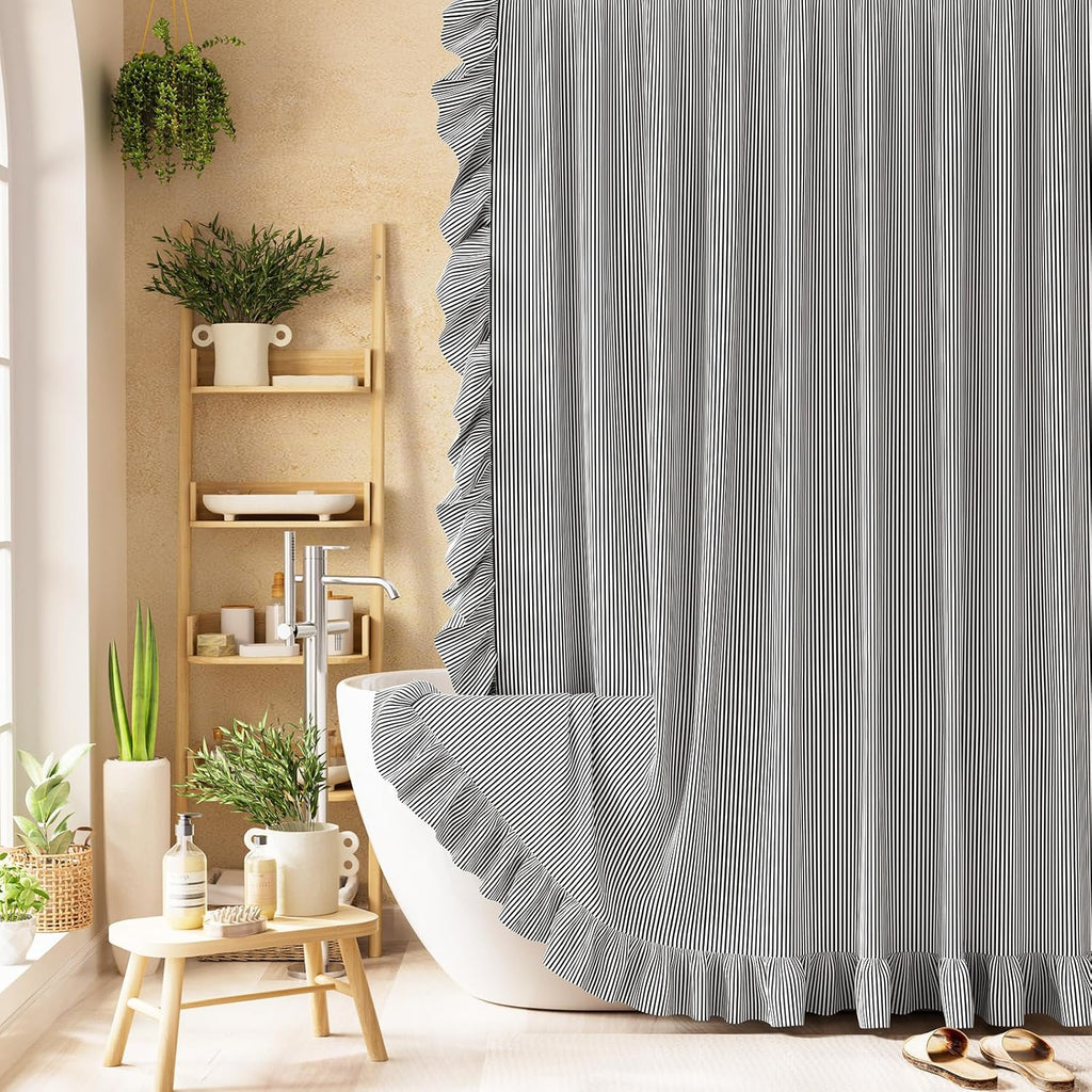 Ruffle Shower Curtain with Three-Side Ruffle, Solid White Farmhouse Curtains, Soft Flowy Layered Fabric, Elegant Spa Style, Clean Minimal Look, Water Repellent,12 Metal Hooks, 72" W x 72" L