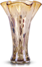 9.0" H Teal Glass Vases for Flowers, Unique Hand Blown Glass Vase Green Home Decor, Wide Mouth Colorful Flower Vase Centerpieces, for Living Room Table Bookshelf, Bathroom Office Shelf Decorative