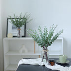 17.5" Artificial Eucalyptus Stems in Glass Vase with Faux Water,Fake Plant Eucalyptus Leaves White Seeds for Centerpiece Table Decorations Farmhouse Wedding Home Greenery Decor (Sage Green)