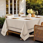 Beige Rectangle Linen Polyester Tablecloth with Decorative Cutouts Spring Waterproof Stain Resistant & Shrink-Proof Table Cloth 52x70 inch Farmhouse Style for Dining Wedding and Outdoor
