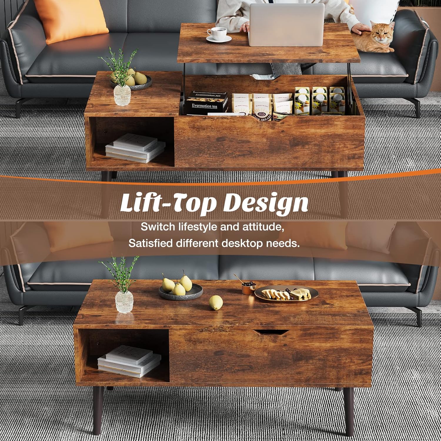Sweetcrispy Lift Top Coffee Tables for Living Room, Small Rising Wooden Center Tables with Storage Shelf and Hidden Compartment, Brown | Lift Top, Coffee Tables, for Living Room, Rising, Dining Center Tables, with Storage Shelf