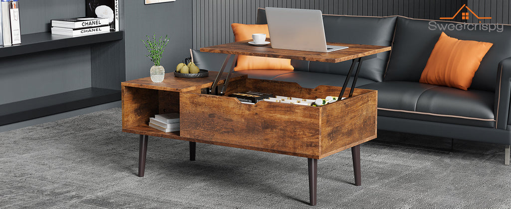 Sweetcrispy Lift Top Coffee Tables for Living Room, Small Rising Wooden Center Tables with Storage Shelf and Hidden Compartment, Brown | Lift Top, Coffee Tables, for Living Room, Rising, Dining Center Tables, with Storage Shelf