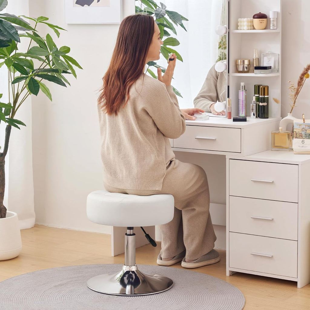 Mid-Century Tufted Adjustable Swivel Makeup Ottoman Stool; Modern Big Size Round Vanity Stool Chair for Bedroom Living Room (White)
