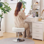 Mid-Century Tufted Adjustable Swivel Makeup Ottoman Stool; Modern Big Size Round Vanity Stool Chair for Bedroom Living Room (White)