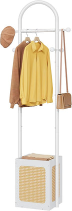 Coat Rack Stand with Wooden Base, Coat Tree Rattan Design, Coat Hanger Stand with 6 Hooks, Small Clothes Rack for Living Room, Bedroom, Office, Black
