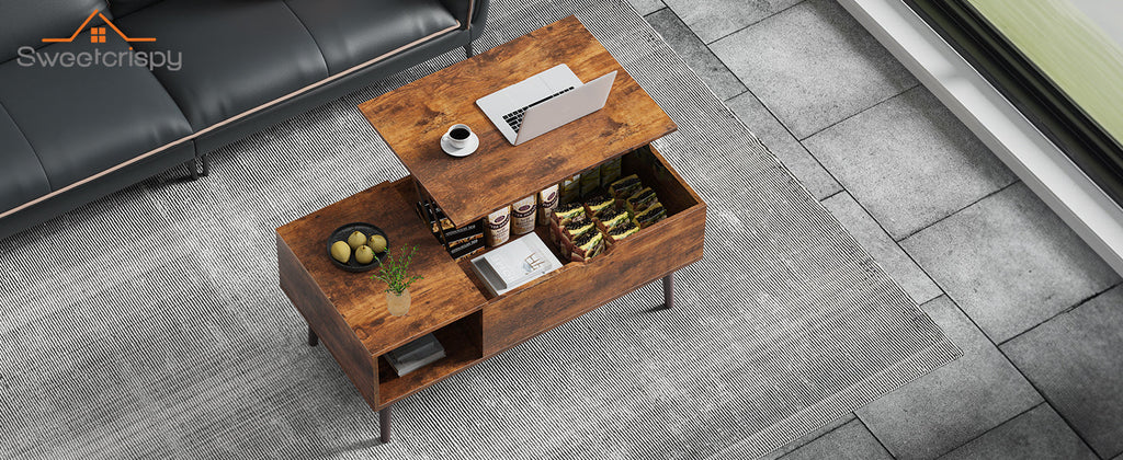 Sweetcrispy Lift Top Coffee Tables for Living Room, Small Rising Wooden Center Tables with Storage Shelf and Hidden Compartment, Brown | Lift Top, Coffee Tables, for Living Room, Rising, Dining Center Tables, with Storage Shelf