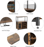 3-Tier Wine Bar Cabinet with Detachable Wine Rack and Storage Space, Buffet Cabinet with Glass Holder and Mesh Door, for Kitchen, Living Room and Bar .Rustic Brown.