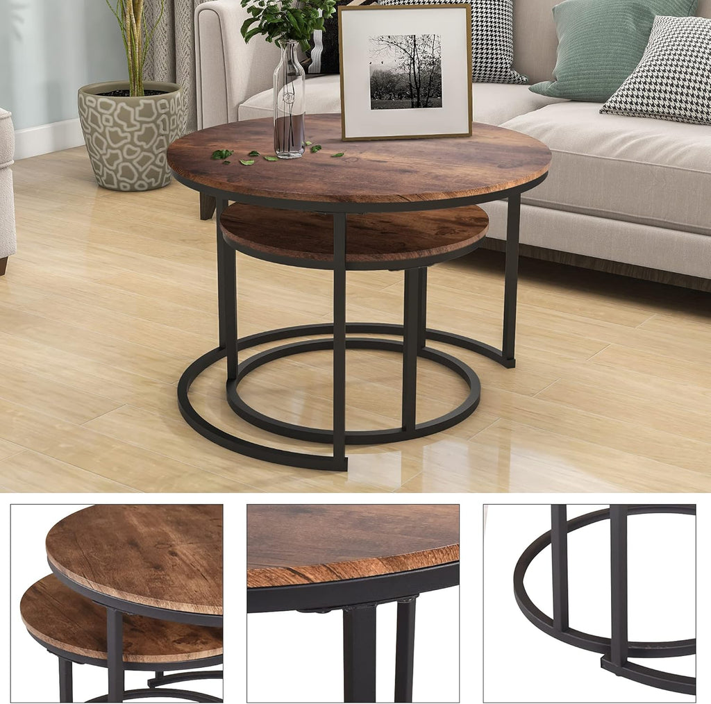 HOJINLINERO Round Coffee Table,Nesting Coffee Table Set of 2,Center Tables for Living Room,Office, Home Small Space,Stacking Side Tables,Sturdy and Easy Assembly,Wood Desktop,Brown,Large