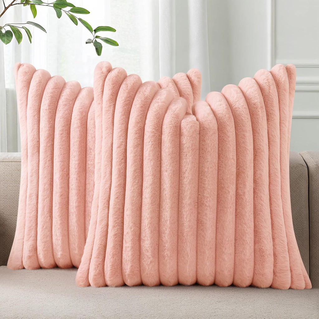 Pallene Faux Fur Plush Throw Pillow Covers 18x18 Set of 2, Luxury Soft Fluffy Striped Decorative Pillow Covers for Sofa, Couch, Living Room, Cream White