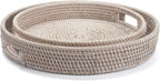 13.8 inch Round Rattan Tray, Decorative Coffee Table Tray, Ottoman Tray, Woven Serving Tray with Handles, Wicker Serving Basket, Whitewash