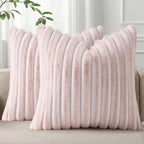 Pallene Faux Fur Plush Throw Pillow Covers 18x18 Set of 2, Luxury Soft Fluffy Striped Decorative Pillow Covers for Sofa, Couch, Living Room, Cream White