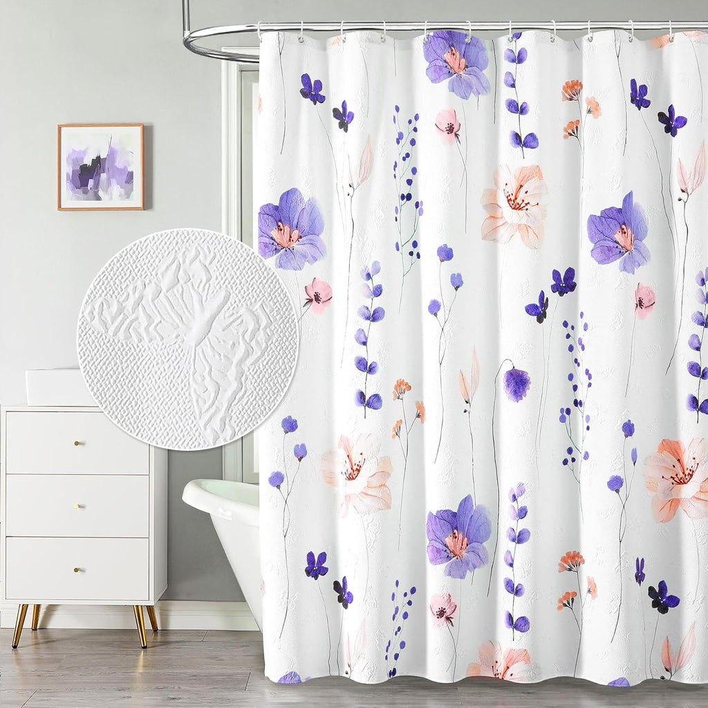 Watercolor Floral Shower Curtain, 3D Embossed Butterflies Grey Beige Flower Bathroom Curtains, Minimalist White Cloth Bath Curtain, Waterproof Fabric Textured Shower Curtain Set with Hooks, 72x72