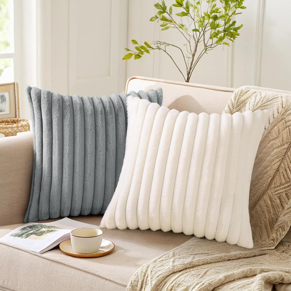 Pallene Faux Fur Plush Throw Pillow Covers 18x18 Set of 2, Luxury Soft Fluffy Striped Decorative Pillow Covers for Sofa, Couch, Living Room, Cream White
