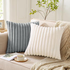 Pallene Faux Fur Plush Throw Pillow Covers 18x18 Set of 2, Luxury Soft Fluffy Striped Decorative Pillow Covers for Sofa, Couch, Living Room, Cream White