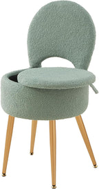 Small Vanity Stool Chair with Storage and Folding Back,4 Metal Legs with Anti-Slip Feet,Round Ottoman with Velvet Seat, Furry Padded Seat for Makeup, Bedroom (Black, Small)