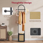 Coat Rack Stand with Wooden Base, Coat Tree Rattan Design, Coat Hanger Stand with 6 Hooks, Small Clothes Rack for Living Room, Bedroom, Office, Black