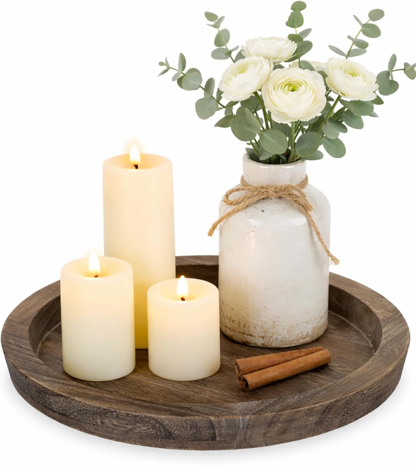 Candle Plate Holder Tray: Round White Wood Decorative Tray Decor - Rustic Farmhouse CoffeeTable Decor - Tealight Pillar Trays for Home Decor