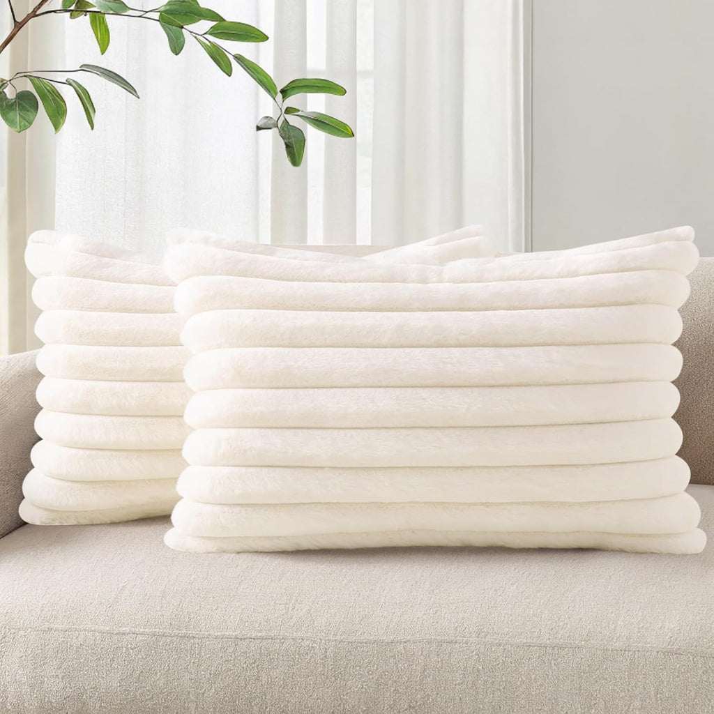 Pallene Faux Fur Plush Throw Pillow Covers 18x18 Set of 2, Luxury Soft Fluffy Striped Decorative Pillow Covers for Sofa, Couch, Living Room, Cream White