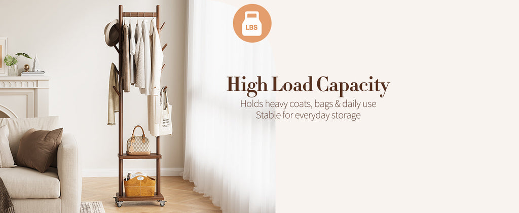 Solid Wood Coat Rack Freestanding - Rolling Clothes Rack with 8 Hooks & Shelves, Small Clothing Rack with Wheels, Heavy Duty Clothing Racks for Hanging Clothes, Portable Hall Tree for Entryway