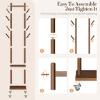 Solid Wood Coat Rack Freestanding - Rolling Clothes Rack with 8 Hooks & Shelves, Small Clothing Rack with Wheels, Heavy Duty Clothing Racks for Hanging Clothes, Portable Hall Tree for Entryway