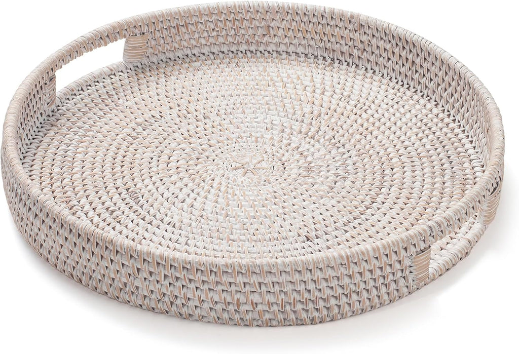 13.8 inch Round Rattan Tray, Decorative Coffee Table Tray, Ottoman Tray, Woven Serving Tray with Handles, Wicker Serving Basket, Whitewash