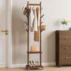 Solid Wood Coat Rack Freestanding - Rolling Clothes Rack with 8 Hooks & Shelves, Small Clothing Rack with Wheels, Heavy Duty Clothing Racks for Hanging Clothes, Portable Hall Tree for Entryway