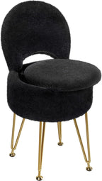 Small Vanity Stool Chair with Storage and Folding Back, 13" x 13" x 17.7" Faux Fur Soft Ottoman for Teenager, 4 Metal Legs with Anti-Slip Feet, Furry Padded Seat for Makeup, Bedroom, White