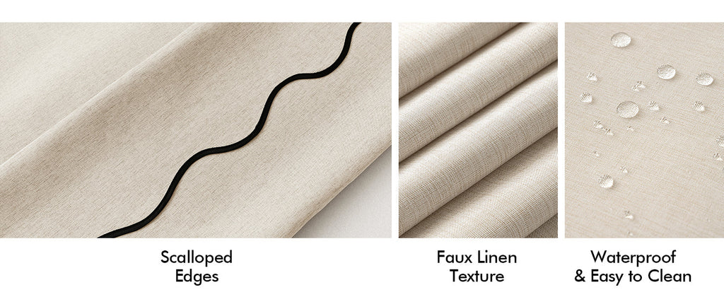 Beige Scalloped Shower Curtain Linen Textured with 12 Metal Hooks Cute Heavy Duty Washable Waterproof Neutral Thick Cloth Shower Curtains with Black Border for Bathroom Bathtub,W72*L72 Cream
