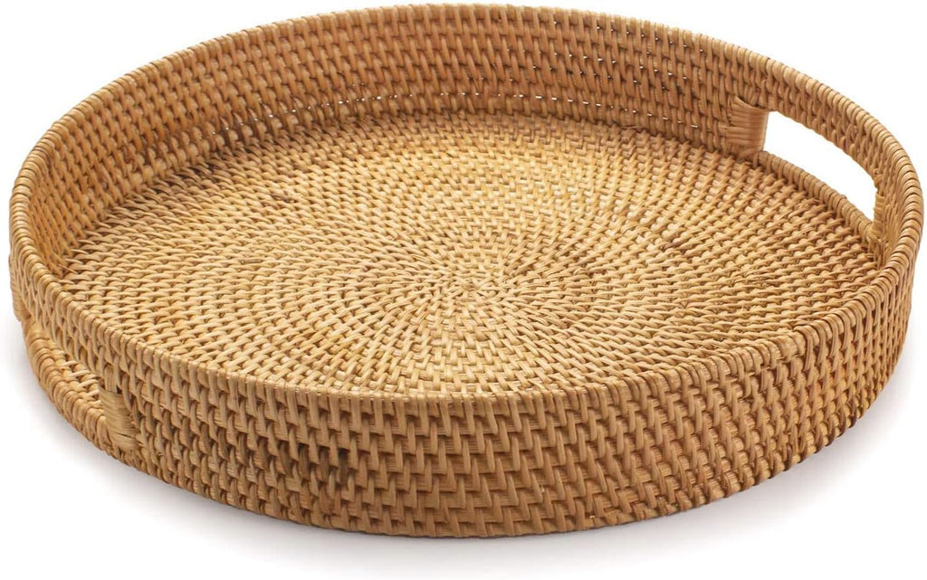 13.8 inch Round Rattan Tray, Decorative Coffee Table Tray, Ottoman Tray, Woven Serving Tray with Handles, Wicker Serving Basket, Whitewash