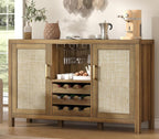 Rattan Wine Bar Cabinet, Boho Rattan Home Bar with Glass Holder and Drawer Style Racks, Oak Sideboard Buffet Storage Cabinet for Living Dining Room Kitchen