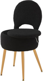 Small Vanity Stool Chair with Storage and Folding Back,4 Metal Legs with Anti-Slip Feet,Round Ottoman with Velvet Seat, Furry Padded Seat for Makeup, Bedroom (Black, Small)