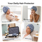 Luxury Shower Cap for Women Reusable Waterproof, Double Layered Shower Hair Cap with Adjustable Elastic Strap, Large Satin Lined Shower Bath Cap for Long Curly Straight Hair, Blue