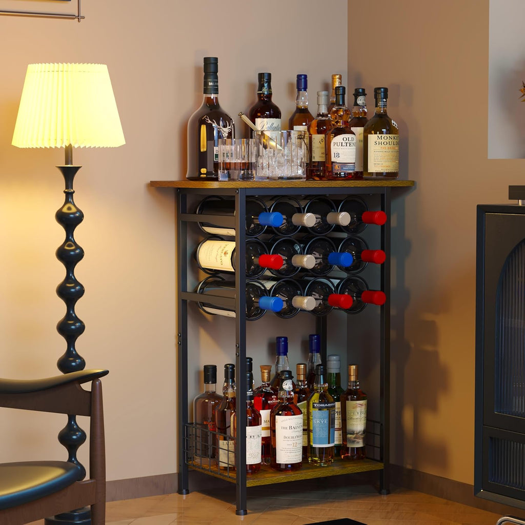 3-Tier Wine Rack Freestanding Floor Cabinet Corner Bar Cabinet Bar Cart,12 Individual Wine Storage Bottle Compartments Corner Bar Cabinet Holder (3-Tier Wine Rack 07)