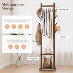 Solid Wood Coat Rack Freestanding - Rolling Clothes Rack with 8 Hooks & Shelves, Small Clothing Rack with Wheels, Heavy Duty Clothing Racks for Hanging Clothes, Portable Hall Tree for Entryway
