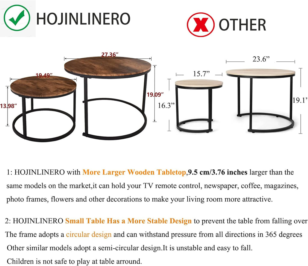 HOJINLINERO Round Coffee Table,Nesting Coffee Table Set of 2,Center Tables for Living Room,Office, Home Small Space,Stacking Side Tables,Sturdy and Easy Assembly,Wood Desktop,Brown,Large