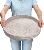 13.8 inch Round Rattan Tray, Decorative Coffee Table Tray, Ottoman Tray, Woven Serving Tray with Handles, Wicker Serving Basket, Whitewash
