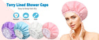 Shower Cap for Women, Double Layer Waterproof Bath Cap, Reusable Hair Protector, Large Waterproof Shower Bonnet Washable Elastic Band Bath Hair Hat for Long Hair, Braids， - Pink