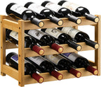 Bamboo Wine Rack, Sturdy and Durable Wine Storage Cabinet Shelf, Wine Racks Countertop for Pantry,Kitchen,3-Tier 12 Bottles Wine Rack Black