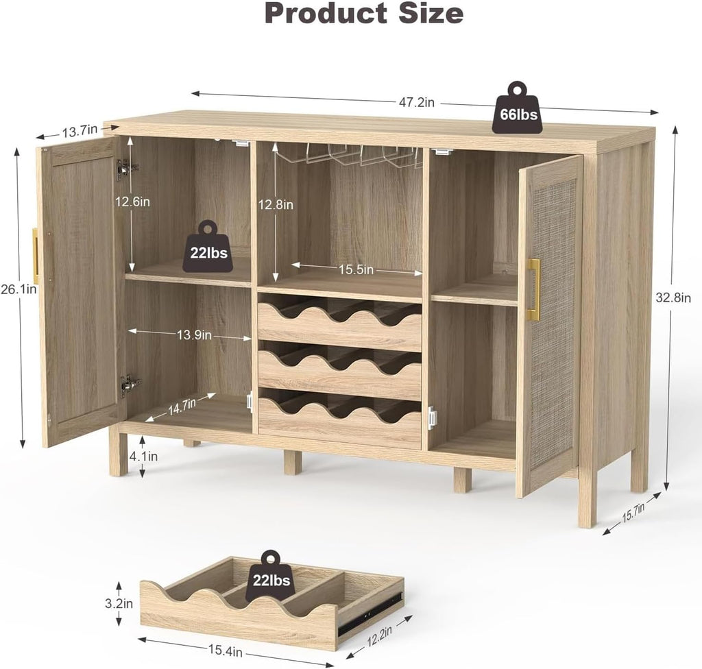 Rattan Wine Bar Cabinet, Boho Rattan Home Bar with Glass Holder and Drawer Style Racks, Oak Sideboard Buffet Storage Cabinet for Living Dining Room Kitchen