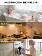 Shower Cap,Extra Adjustable Shower Caps for Women Double-Layer Waterproof Reusable Hair Cap, Large Size Hair Cap for All Hair,for Girls Spa Bath,Soft and Comfortable (Purple)