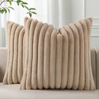 Pallene Faux Fur Plush Throw Pillow Covers 18x18 Set of 2, Luxury Soft Fluffy Striped Decorative Pillow Covers for Sofa, Couch, Living Room, Cream White