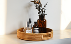13.8 inch Round Rattan Tray, Decorative Coffee Table Tray, Ottoman Tray, Woven Serving Tray with Handles, Wicker Serving Basket, Whitewash
